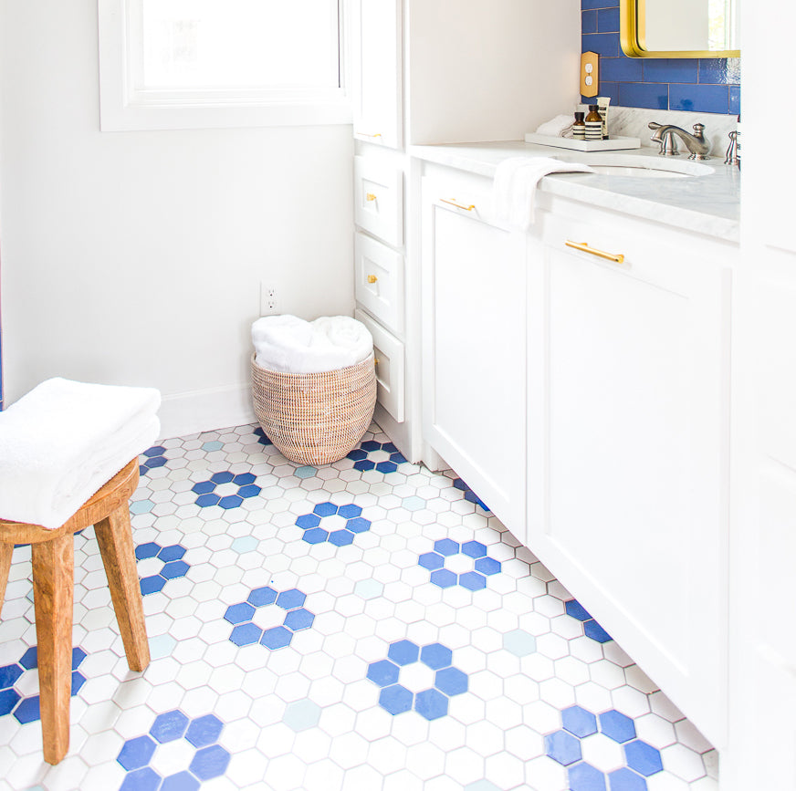 Blue and White Flower Pattern Floor Tile