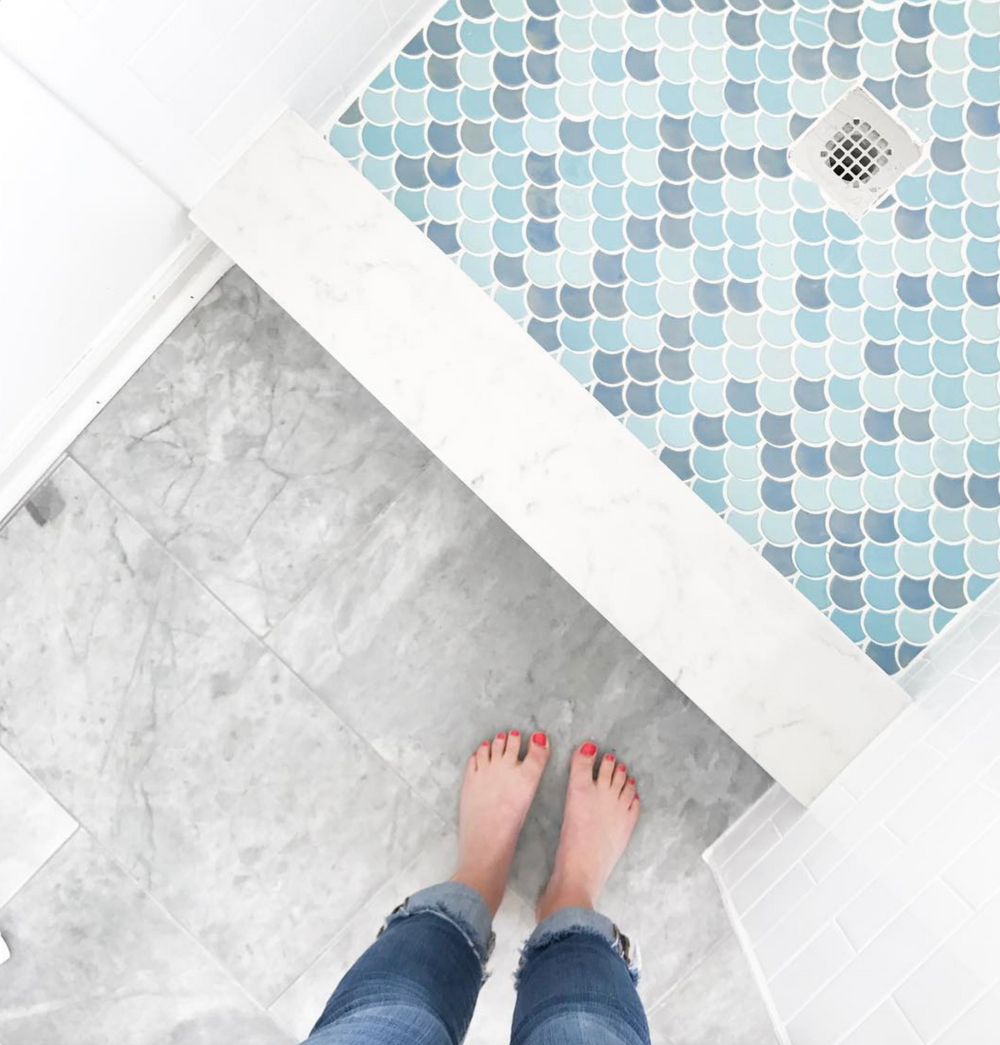 Light Blue Moroccan Fish Scales Shower Floor Tile