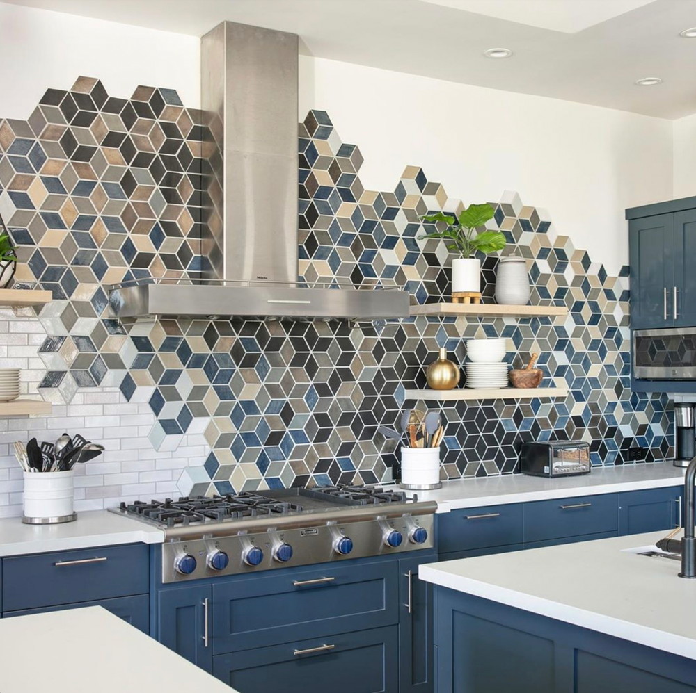 Dynamic Blue & Grey Diamond Backsplash