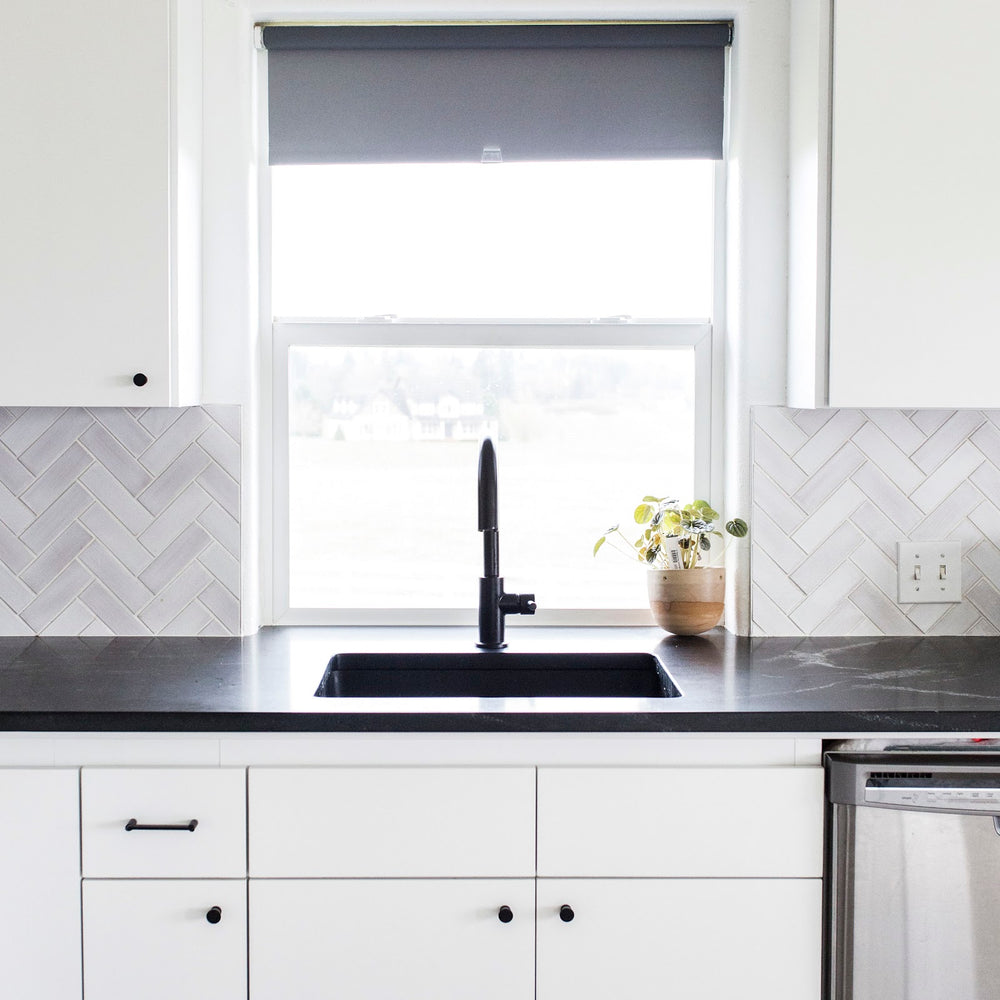 White Herringbone Kitchen Backsplash