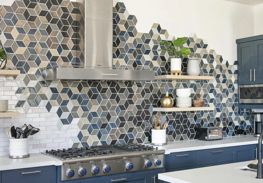 Dynamic Blue & Grey Diamond Backsplash