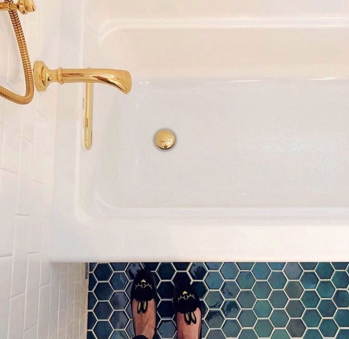 blue hexagon tile, hexagon tile bathroom, hexagon floor tile feature