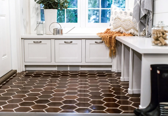 Cottage Entryway - Espresso Hexagon Floor Tiles