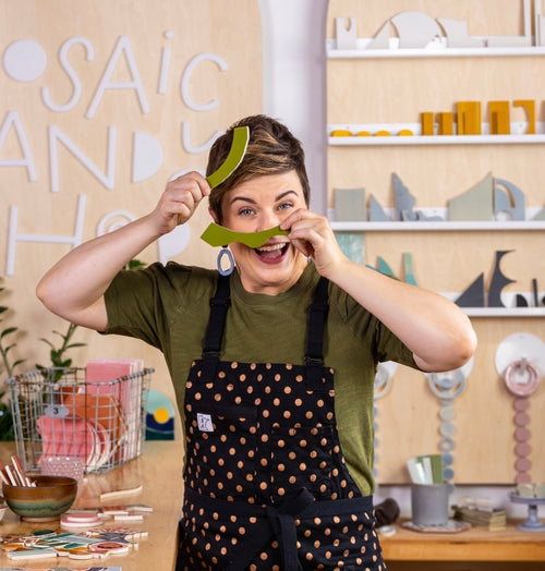 Mercedes Austin mosaic artist in her Mosaic Candy Shop studio