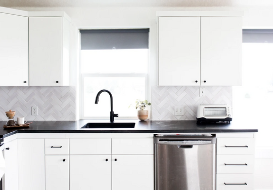 White Herringbone Kitchen Backsplash