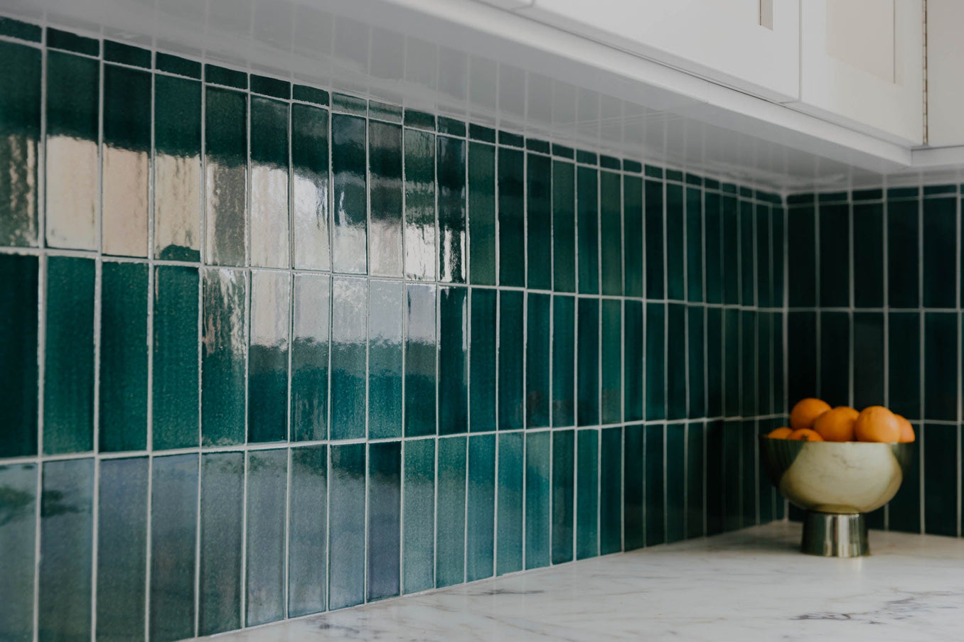 dark teal stacked subway tile kitchen backsplash