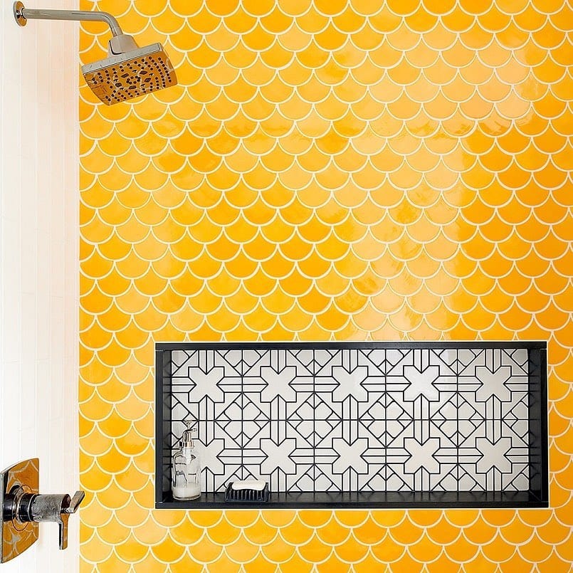24 Dandelion Large Moroccan Fish Scale, golden yellow moroccan fish scale tile, golden yellow mermaid tile, golden yellow fish scale tile, yellow gold moroccan fish scale tile shower, yellow gold mermaid tile shower, yellow gold fish scale tile shower, yellow gold tile shower feature