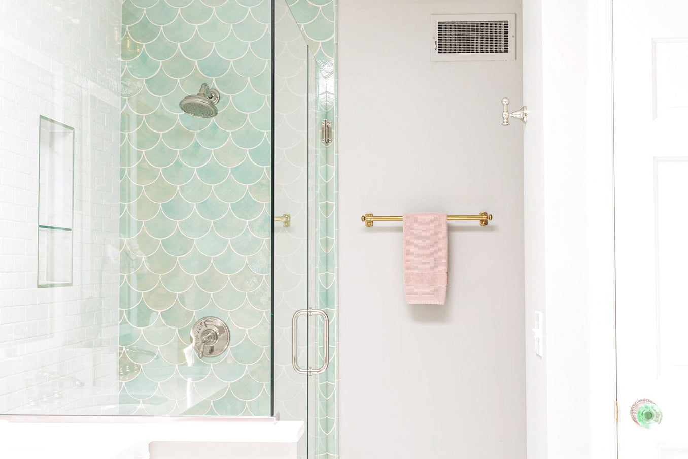 Large Moroccan Fish Scales in Coastal Breeze bathroom, seafoam green moroccan fish scale tile shower, light green moroccan fish scale tile shower, seafoam green mermaid tile shower, seafoam green moroccan fish scale tile bathroom backsplash