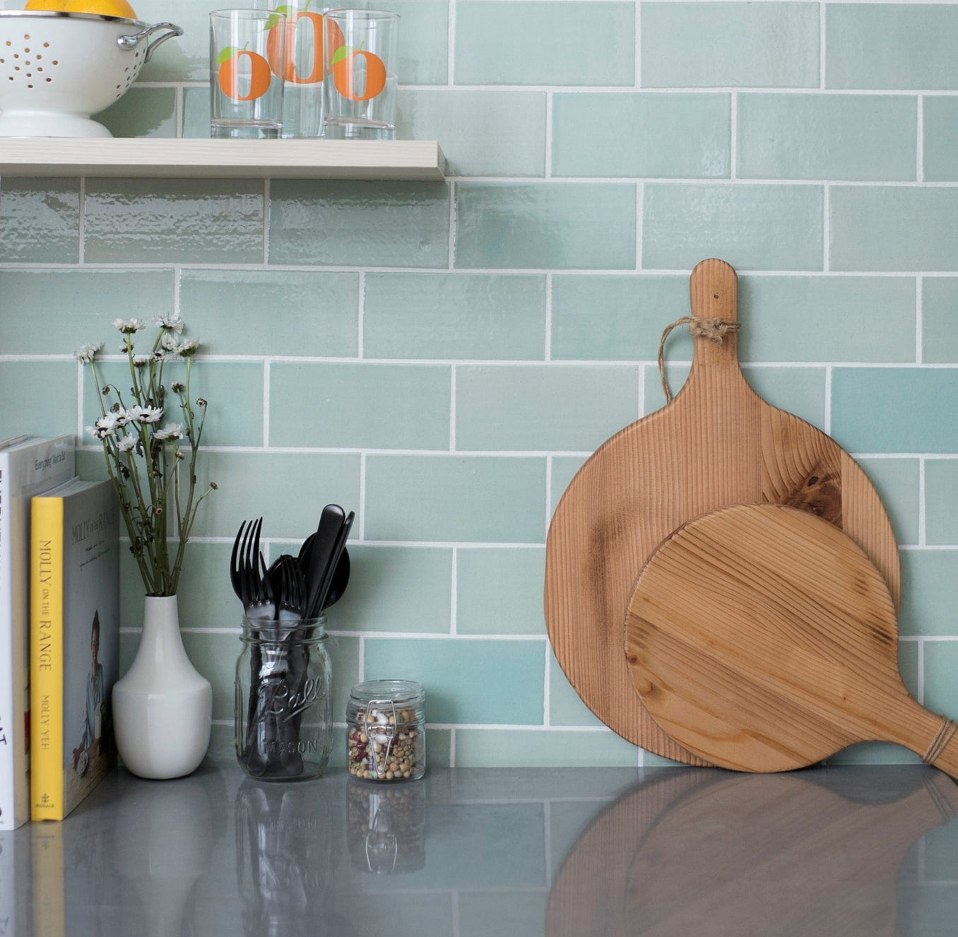 3x6 Subway Tile Coastal Breeze Installed full - light blue/green subway tile, seafoam green subway tile kitchen, seafoam green subway tile kitchen backsplash, light blue green subway tile kitchen backsplash