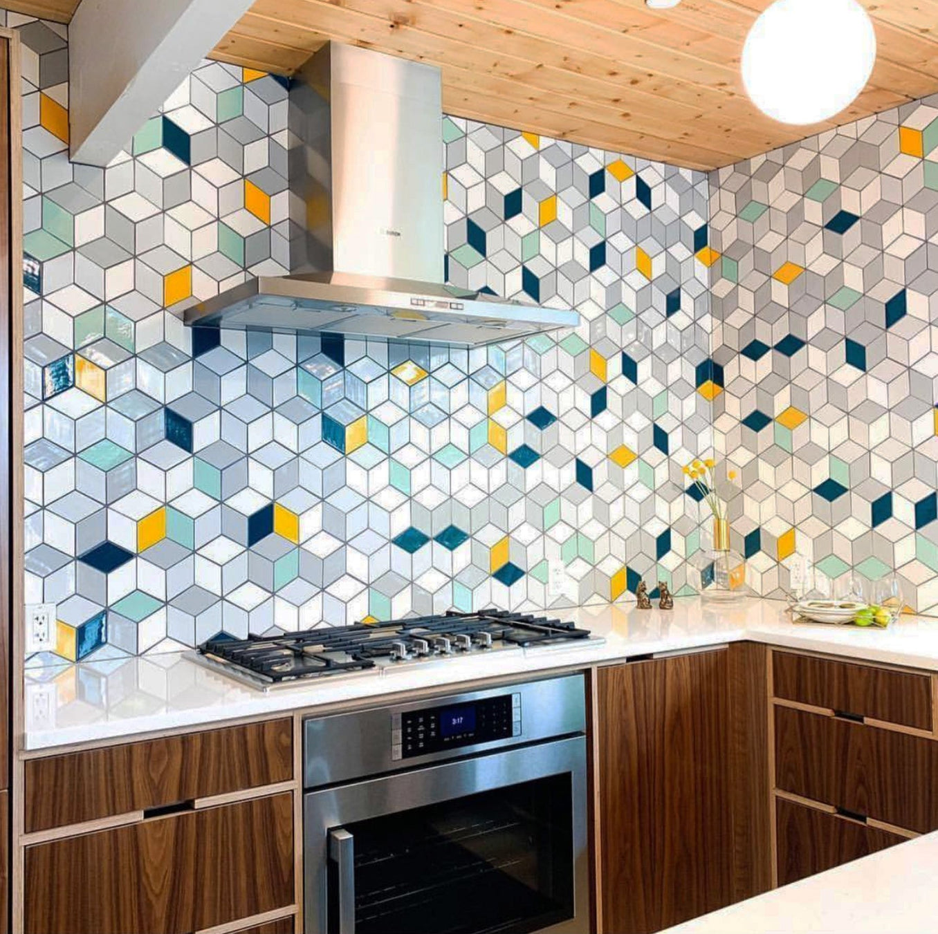 Medium Diamonds- Blue-Yellow-Grey-White-Teal, mid century modern tile, mid century modern diamond tile kitchen, mid century modern diamond tile kitchen backsplash