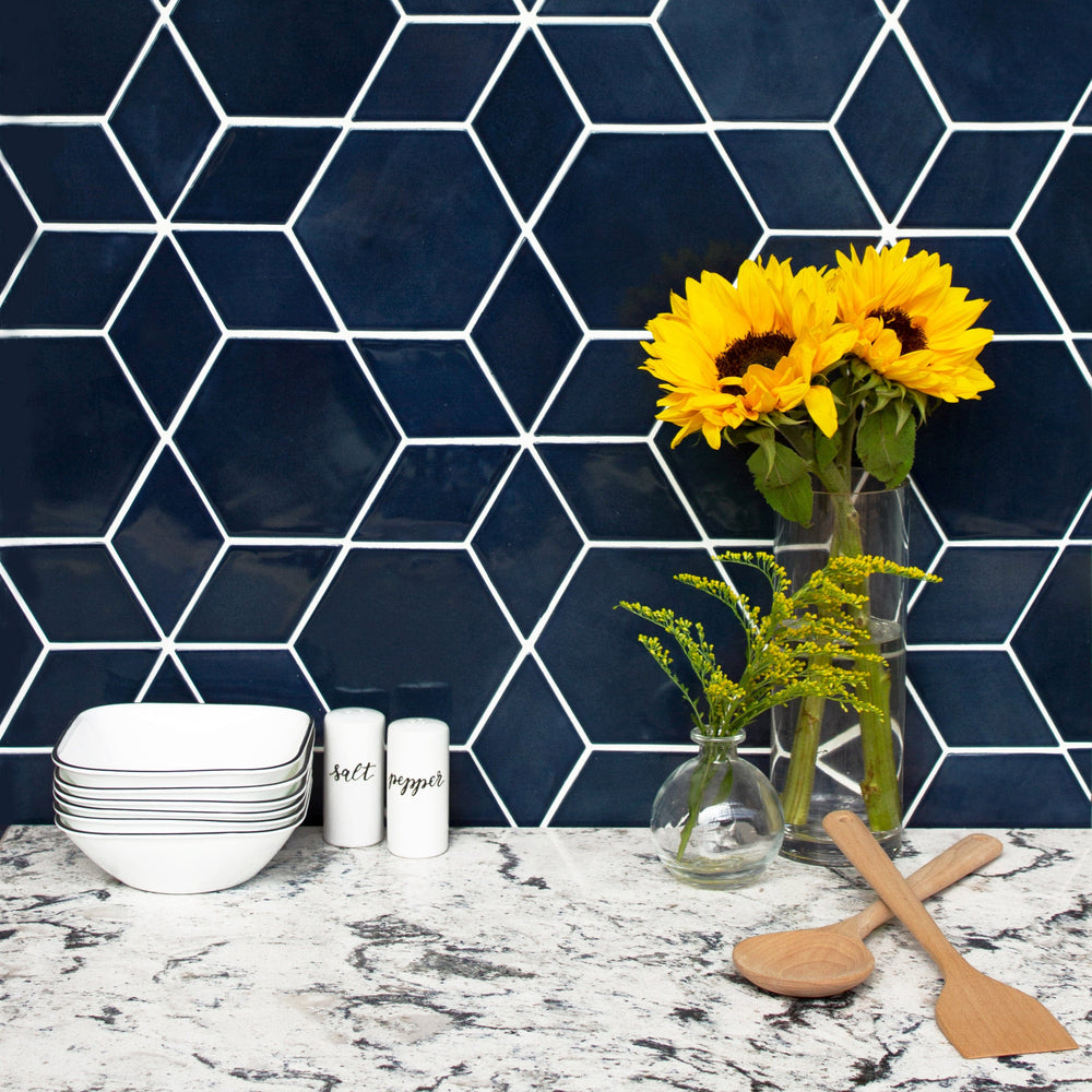 navy hexagon diamond star pattern tile, navy blue star pattern tile, navy blue star pattern tile backsplash, navy blue star pattern tile kitchen backsplash, navy blue hexagon diamond star pattern kitchen backsplash feature