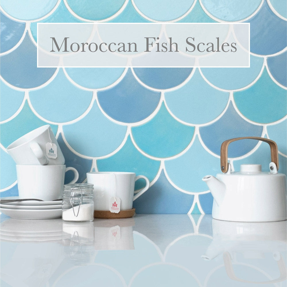 blue moroccan fish scale tile backsplash, blue moroccan fish scale tile kitchen backsplash feature
