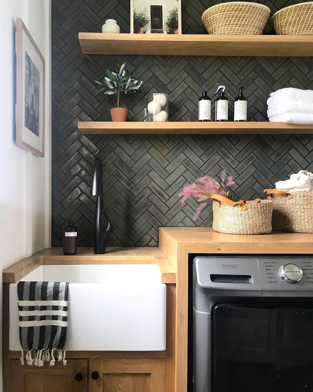 Scandinavian Green Herringbone Laundry Room
