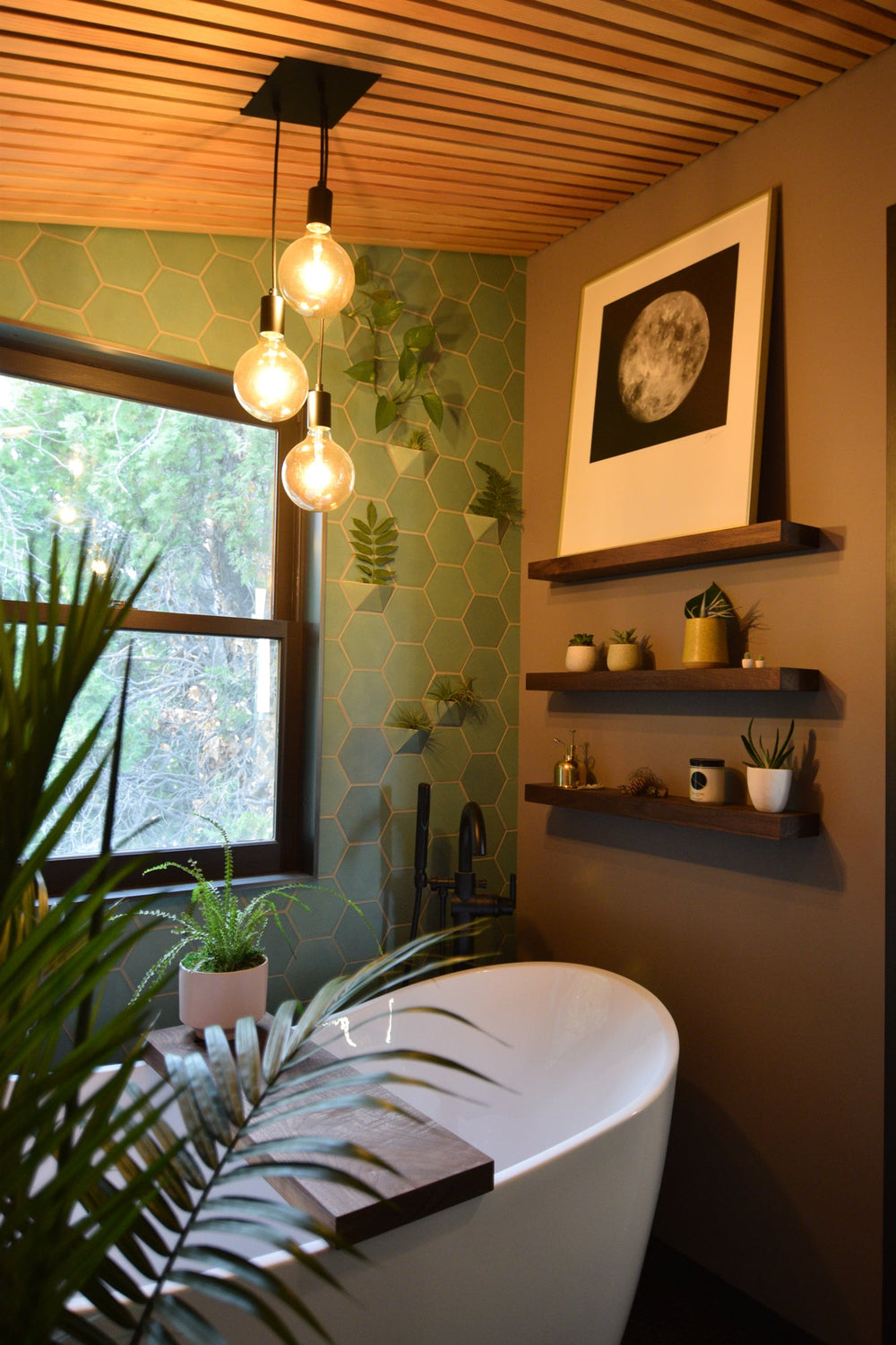 Soaking Tub Wood and Tile Accent Wall