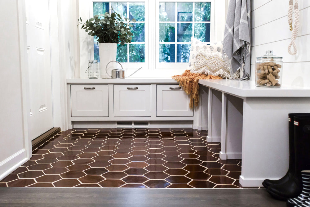 Cottage Entryway - Espresso Hexagon Floor Tiles