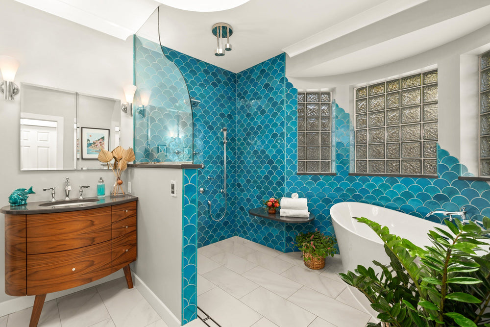 Bathroom Oasis with Watery Blue Fish Scales