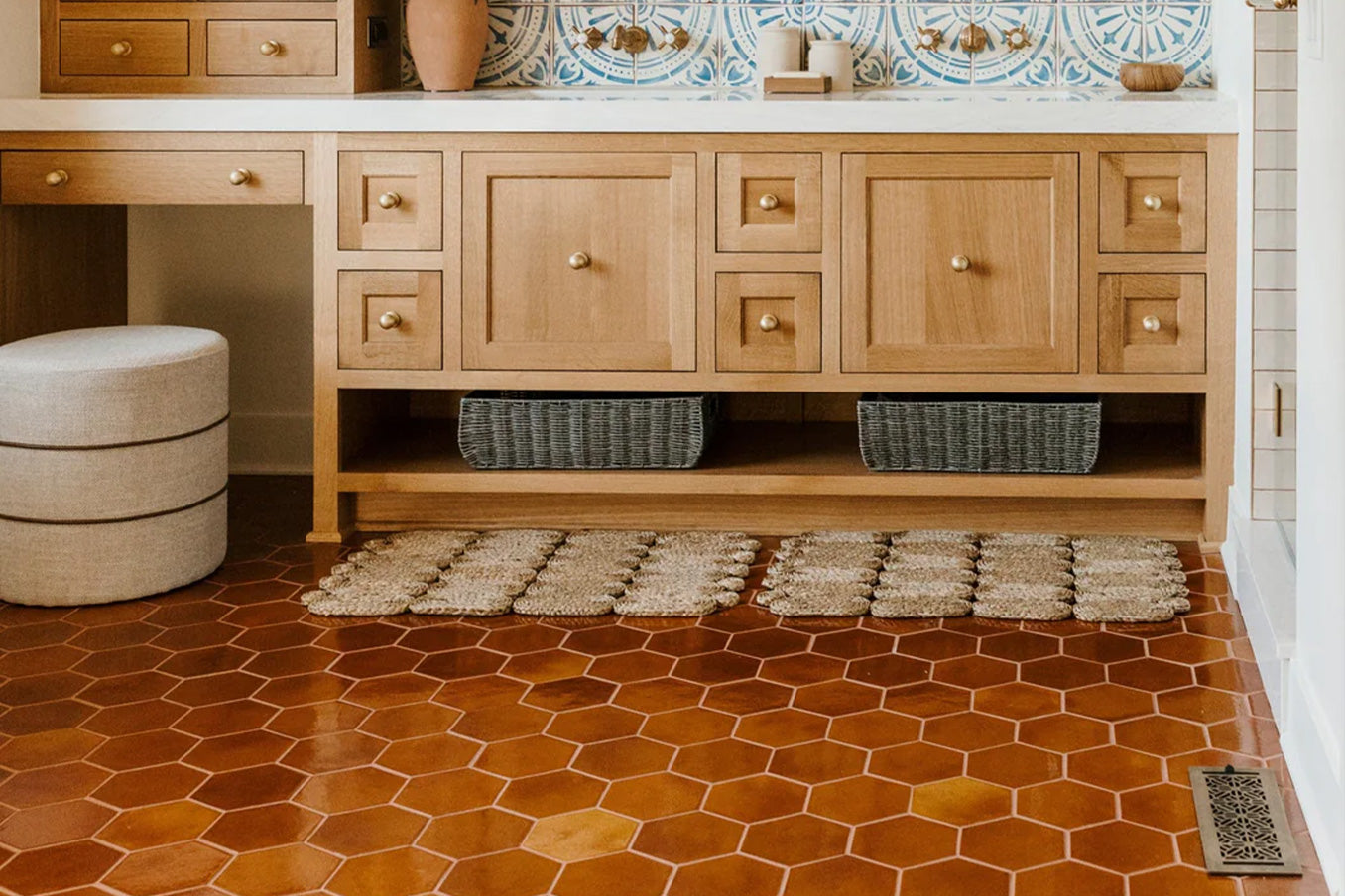 chataeu mrgaux chestnut hexagon tile, brown hexagon tile, brown hexagon tile floor, brown hexagon tile bathroom, brown hexagon tile bathroom floor