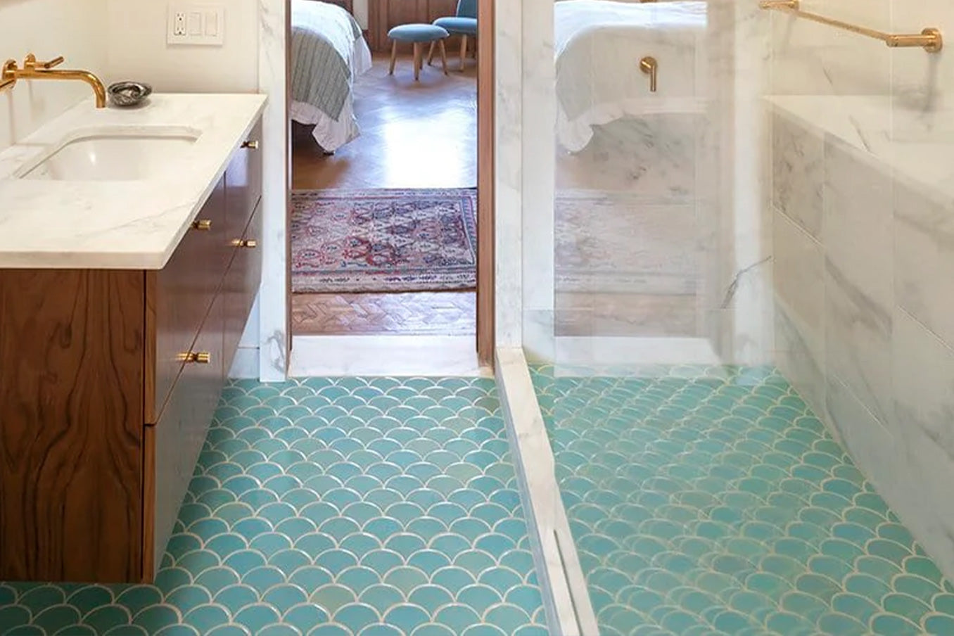 light blue fish scale bathroom tile