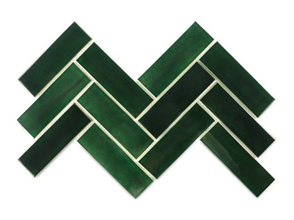 dark green subway tile, dark green tile, dark green herringbone tile pattern, 2x6 Vermont Pine Herringbone tile