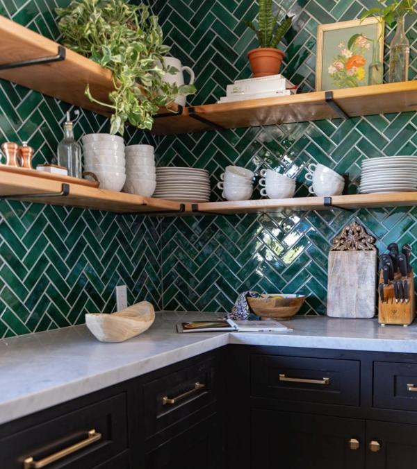 emerald green herringbone tile kitchen backsplash
