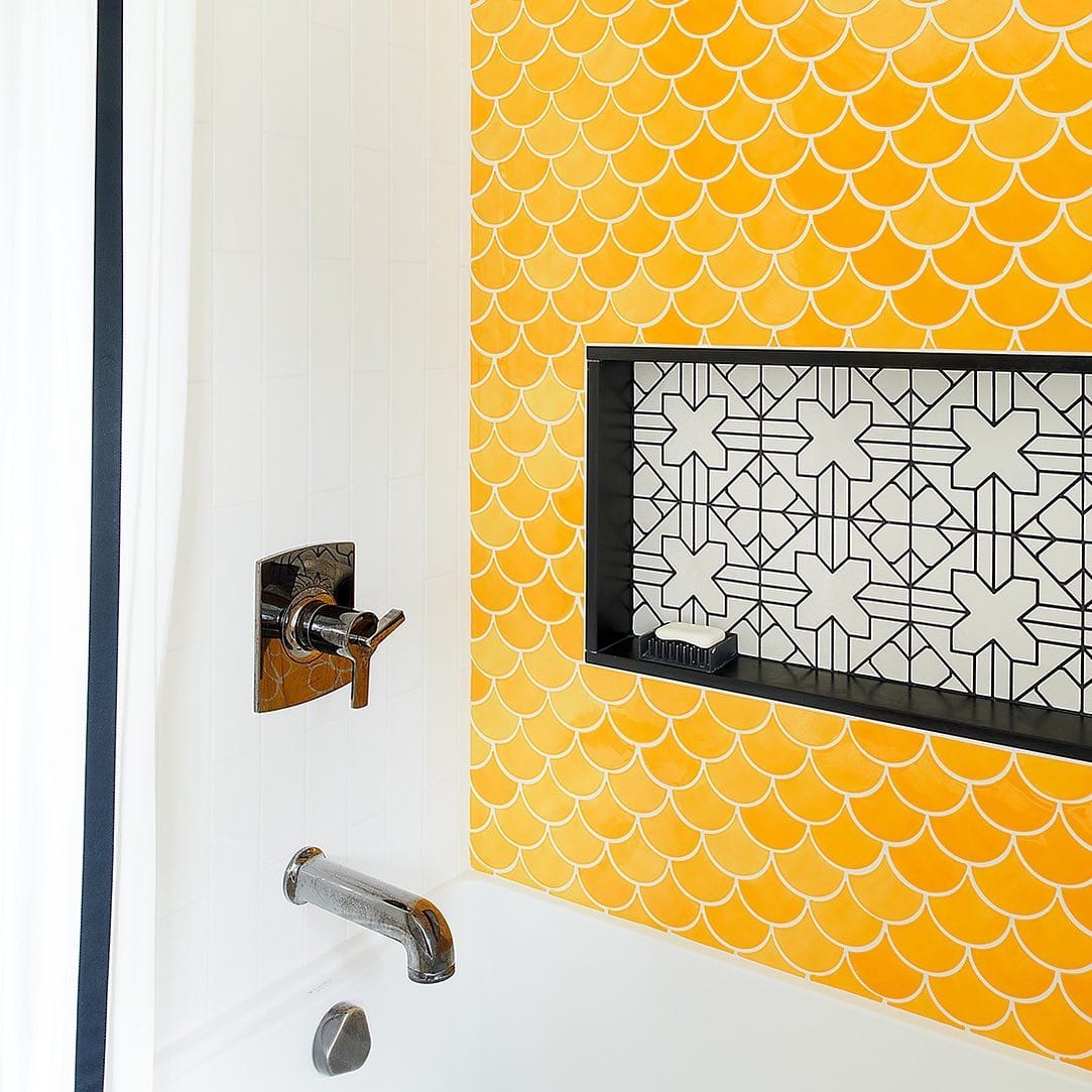 24 Dandelion Large Moroccan Fish Scale, golden yellow moroccan fish scale tile, golden yellow mermaid tile, golden yellow fish scale tile, yellow gold moroccan fish scale tile shower, yellow gold mermaid tile shower, yellow gold fish scale tile shower, yellow gold tile shower