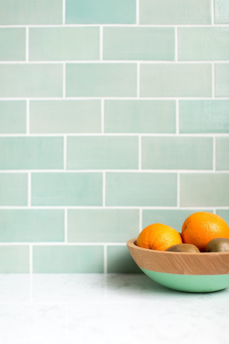 3x6 Subway Tile Coastal Breeze Installed, 3x6 Subway Tile Coastal Breeze Installed - light blue/green subway tile, seafoam green subway tile kitchen, seafoam green subway tile kitchen backsplash, light blue green subway tile kitchen backsplash