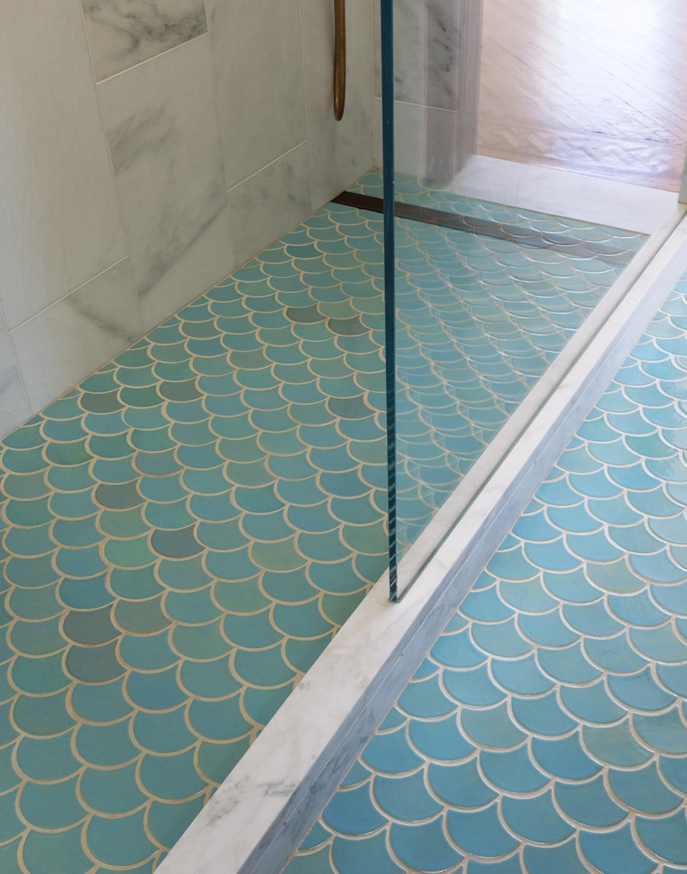 light blue fish scale bathroom tile