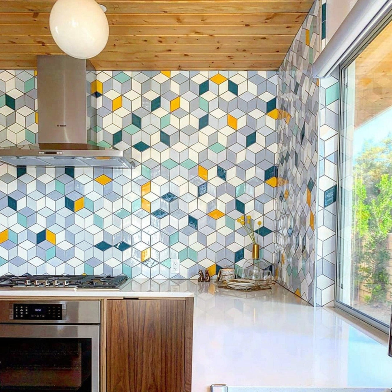 Medium Diamonds- Blue-Yellow-Grey-White-Teal, Medium Diamonds- Blue-Yellow-Grey-White-Teal, diamond tile, diamond pattern tile, mid century modern tile, mid century modern diamond tile, mid century modern diamond tile kitchen, mid century modern diamond tile kitchen backsplash