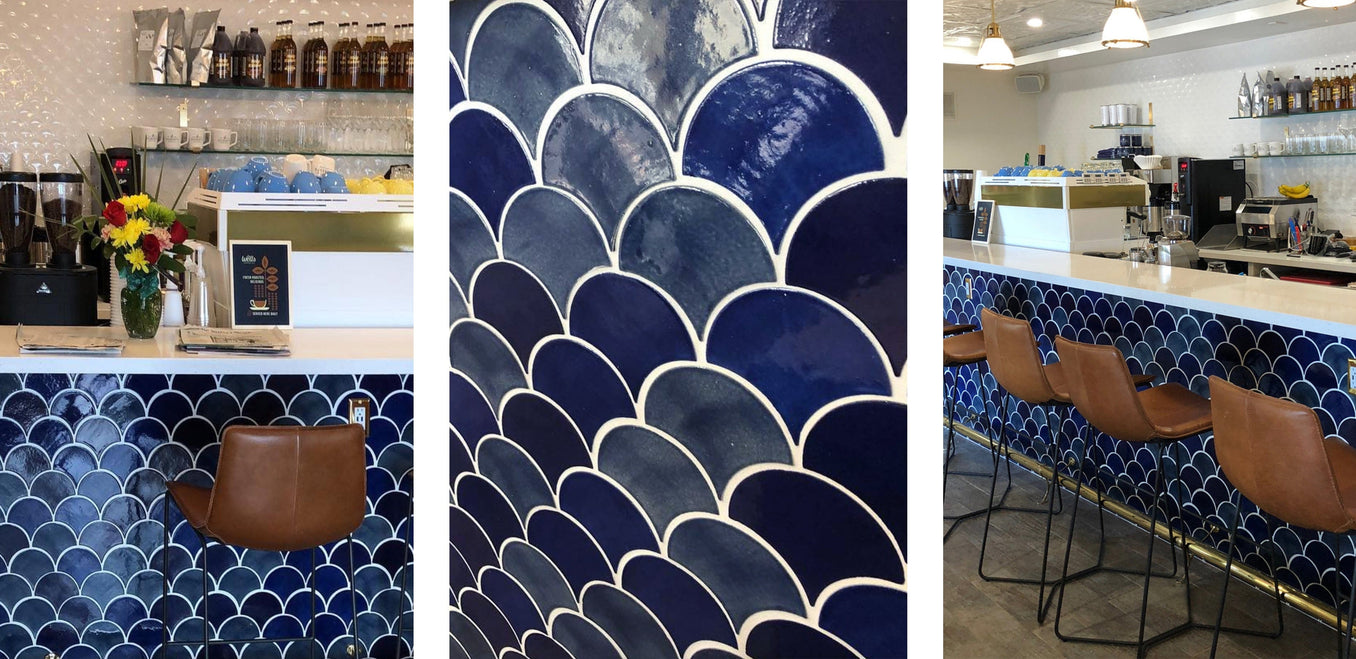 Gilbert's Coffee Bar - Fish Scale Tiles in blue, mixed blues moroccan fish scale tile backsplash, mixed blues moroccan fish scale tile coffee bar, blue moroccan fish scale tile coffee bar, blue moroccan fish scale tile bar backsplash
