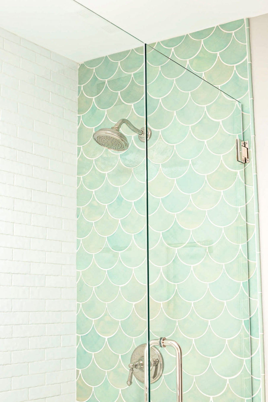 Large Moroccan Fish Scales in Coastal Breeze on full shower wall, seafoam green moroccan fish scale tile shower, light green moroccan fish scale tile shower, seafoam green mermaid tile shower, seafoam green moroccan fish scale tile bathroom backsplash