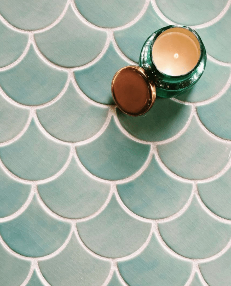 Medium Moroccan Fish Scales Coastal Breeze installed, seafoam green moroccan fish scale tile floor, seafoam green mermaid tile floor
