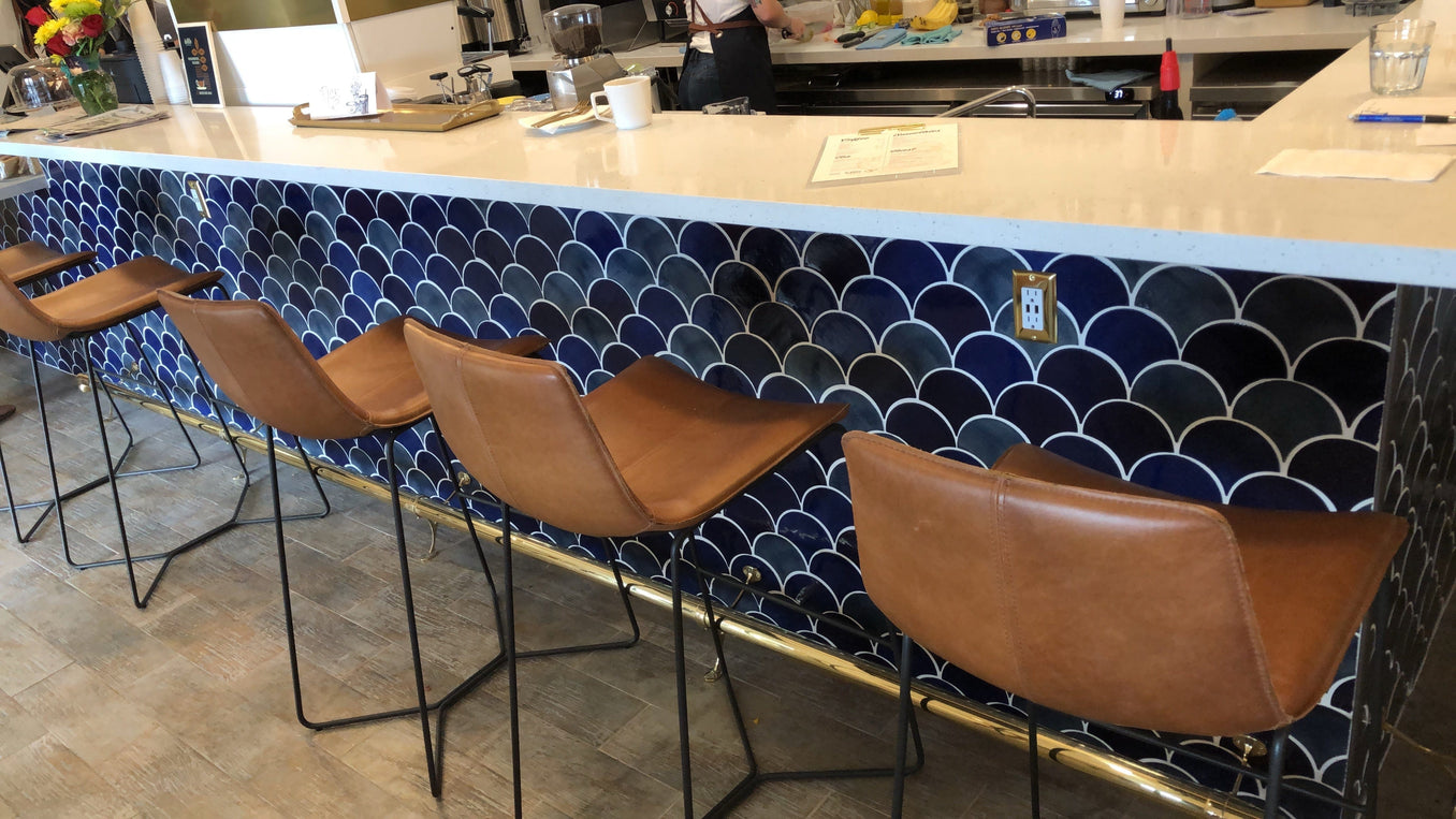 mixed blues moroccan fish scale tile backsplash, mixed blues moroccan fish scale tile coffee bar, blue moroccan fish scale tile coffee bar, blue moroccan fish scale tile bar backsplash