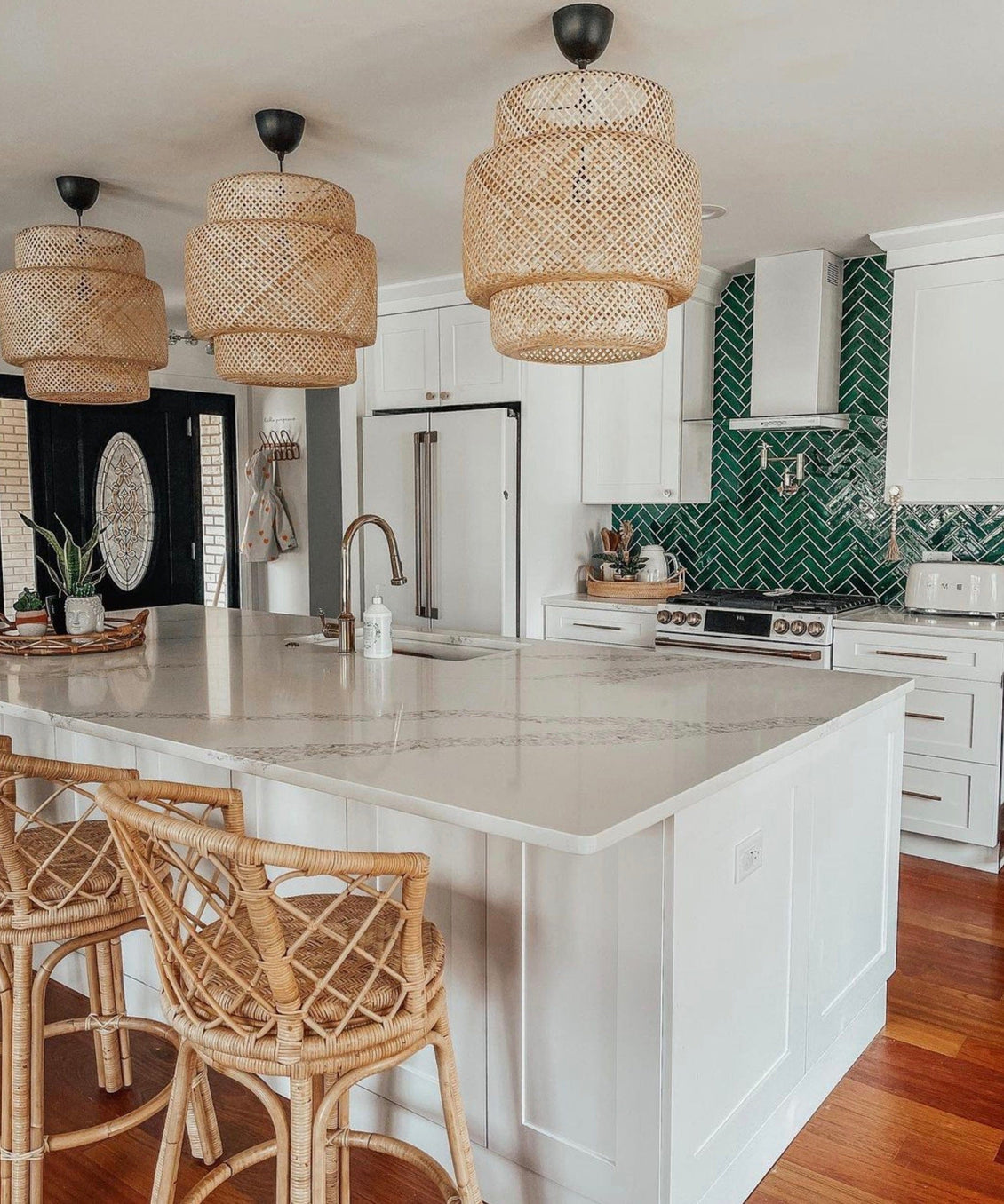 emerald green herringbone tile kitchen backsplash